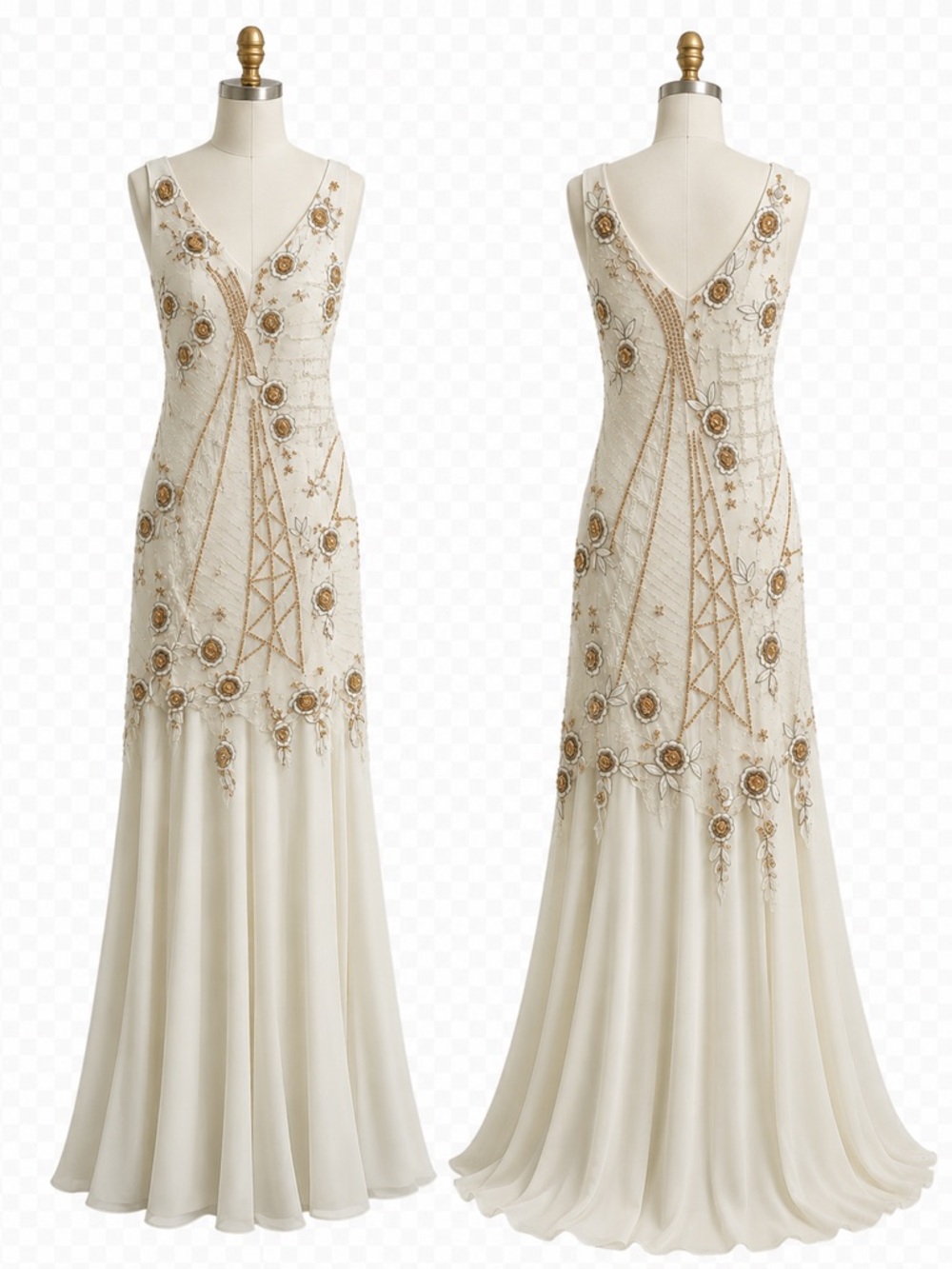 VINTAGE Ivory Beaded V-Neck Evening Gown - Wedding